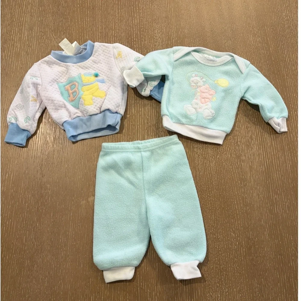 Vintage Childwise Baby 3-6 Months Lot Fleece Outfit Set Blue Sweatshirts Pants